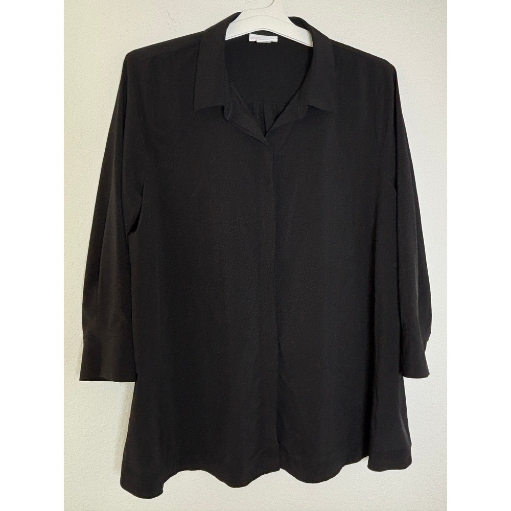 Liz Claiborne Womens Large Black 3/4 Sleeve Hidden Button Down Blouse Shirt Top
